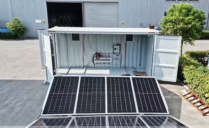 Folding solar container unfolded outside the factory