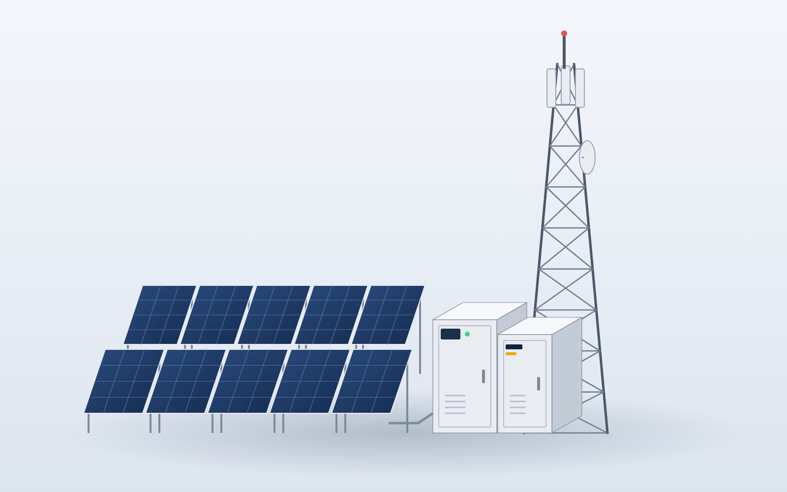 Illustration of an off-grid telecom site with solar array and battery cabinets